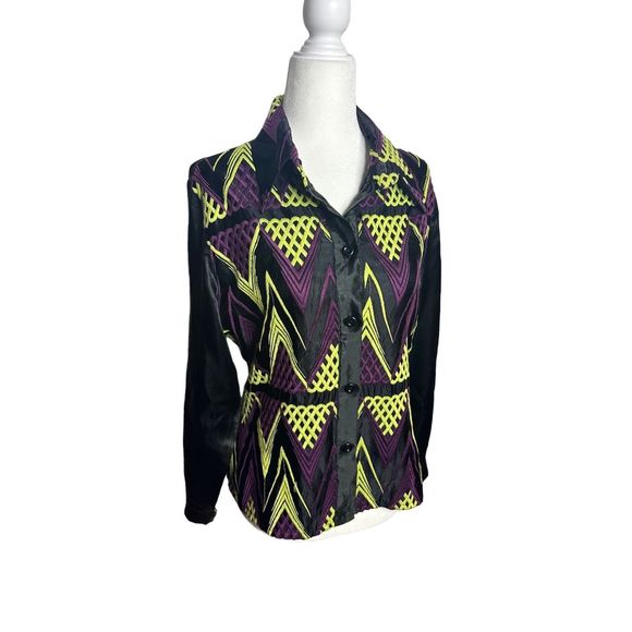 Jeff Galliano Vintage Neon Green Purple Black Ella Satin‎ Blouse Made in France - Picture 1 of 6